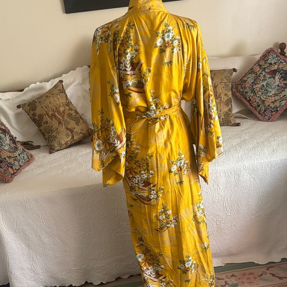 Golden Yellow Floral Silk Kimono Dress Gown